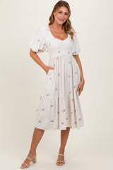 Cream Ribbon Print Smocked Midi Dress