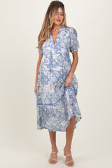 Blue Paisley Front Tie Ruffle Trim Maternity Midi Dress