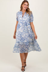 Blue Paisley Front Tie Ruffle Trim Midi Dress