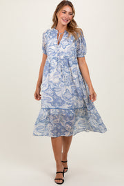 Blue Paisley Front Tie Ruffle Trim Midi Dress