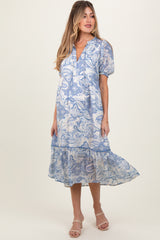 Blue Paisley Front Tie Ruffle Trim Maternity Midi Dress