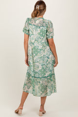 Green Paisley Front Tie Ruffle Trim Midi Dress