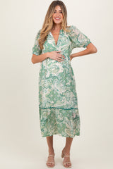 Green Paisley Front Tie Ruffle Trim Maternity Midi Dress