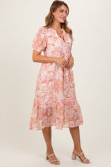 Pink Paisley Front Tie Ruffle Trim Midi Dress