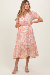 Pink Paisley Front Tie Ruffle Trim Maternity Midi Dress