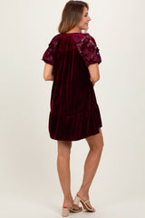 Burgundy Velvet Floral Lace Short Sleeve Dress