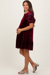 Burgundy Velvet Floral Lace Short Sleeve Maternity Dress