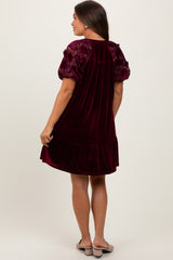 Burgundy Velvet Floral Lace Short Sleeve Maternity Dress