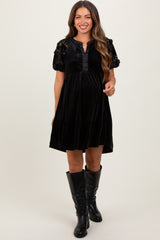 Black Velvet Floral Lace Short Sleeve Maternity Dress