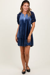 Blue Velvet Floral Lace Short Sleeve Dress