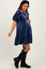 Blue Velvet Floral Lace Short Sleeve Maternity Dress