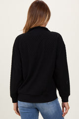 Black Quilted Knit Snap Collar Pullover Top