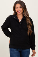 Black Quilted Knit Snap Collar Maternity Pullover Top