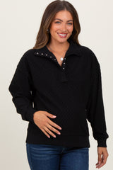 Black Quilted Knit Snap Collar Maternity Pullover Top