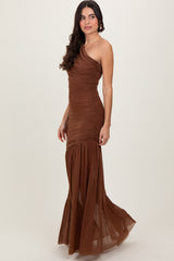 Mocha Ruched Mesh One Shoulder Maxi Dress