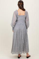 Heather Grey Lace Smocked Bubble Sleeve Maternity Maxi Dress