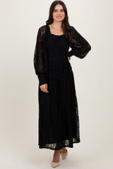 Black Lace Smocked Bubble Sleeve Maxi Dress