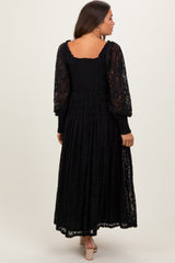 Black Lace Smocked Bubble Sleeve Maternity Maxi Dress