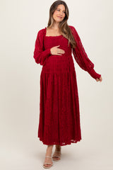 Burgundy Lace Smocked Bubble Sleeve Maternity Maxi Dress