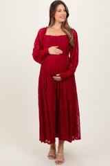 Burgundy Lace Smocked Bubble Sleeve Maternity Maxi Dress