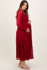 Burgundy Lace Smocked Bubble Sleeve Maternity Maxi Dress