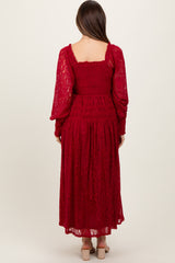 Burgundy Lace Smocked Bubble Sleeve Maternity Maxi Dress