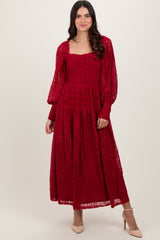 Burgundy Lace Smocked Bubble Sleeve Maxi Dress