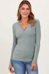 Light Olive Ribbed V-Neck Long Sleeve Maternity Top