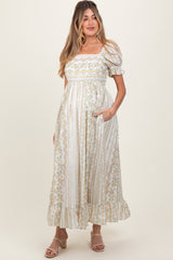 Peach Floral Puff Sleeve Lace Trim Maternity Maxi Dress