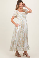 Peach Floral Puff Sleeve Lace Trim Maternity Maxi Dress