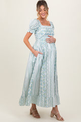 Light Blue Floral Puff Sleeve Lace Trim Maternity Maxi Dress