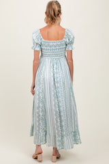 Light Blue Floral Puff Sleeve Lace Trim Maternity Maxi Dress