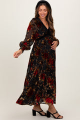 Red Rose Print Velvet Mesh Overlay Maternity Maxi Dress