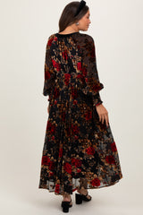 Red Rose Print Velvet Mesh Overlay Maternity Maxi Dress