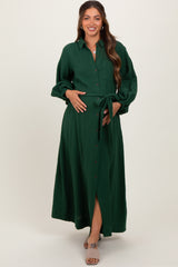 Dark Olive Gauze Belted Shirt Maternity Midi Dress