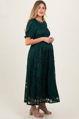 Forest Green Lace Smocked Short Sleeve Maternity Midi Dress