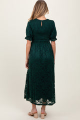 Forest Green Lace Smocked Short Sleeve Maternity Midi Dress