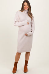 Beige Turtleneck Side Slit Maternity Midi Sweater Dress