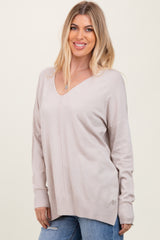 Ivory  Front Seam V-Neck Side Slit Sweater