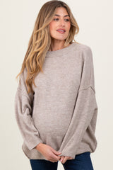 Taupe Oversized Crewneck Melange Knit Maternity Sweater