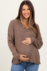 Mocha Ribbed V-Neck Long Sleeve Maternity Top