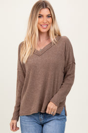 Mocha Ribbed V-Neck Long Sleeve Top