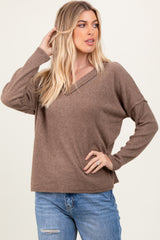 Mocha Ribbed V-Neck Long Sleeve Top