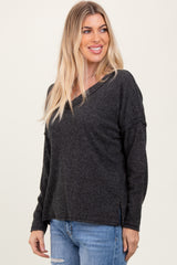 Black Ribbed V-Neck Long Sleeve Top