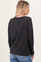 Black Ribbed V-Neck Long Sleeve Top