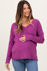 Magenta Ribbed V-Neck Long Sleeve Maternity Top