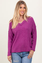 Magenta Ribbed V-Neck Long Sleeve Maternity Top