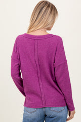 Magenta Ribbed V-Neck Long Sleeve Top