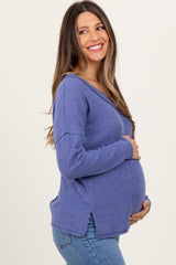 Blue Ribbed V-Neck Long Sleeve Maternity Top