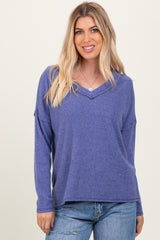 Blue Ribbed V-Neck Long Sleeve Top